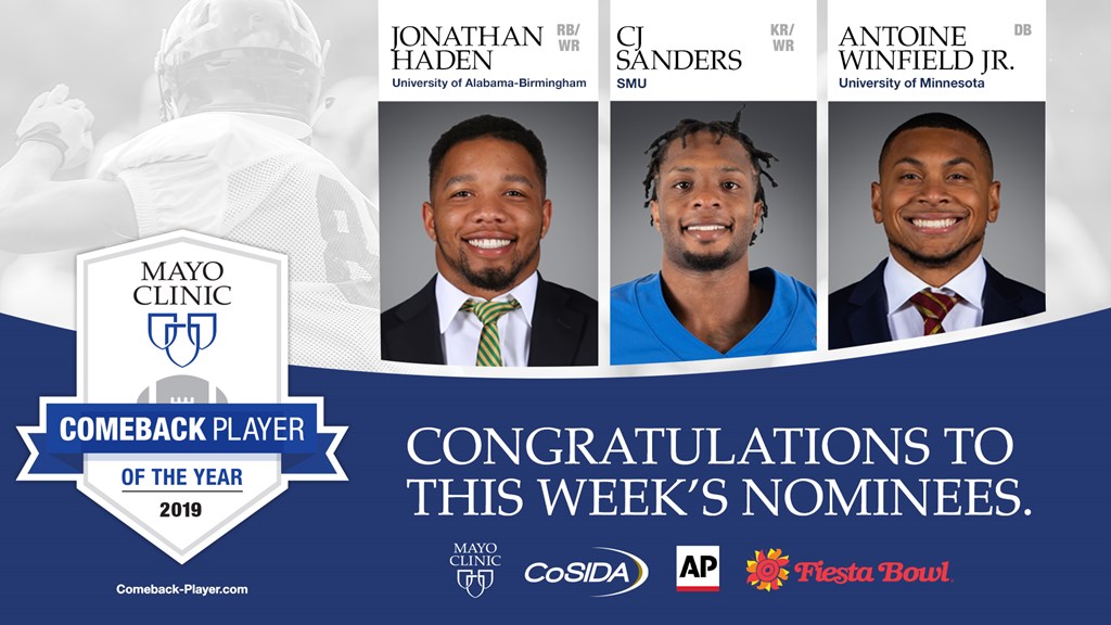 Jonathan Haden of UAB, CJ Sanders of SMU and Antoine Winfield Jr. of Minnesota Named 2019 Mayo Clinic Comeback Player of the Year Award Nominees
